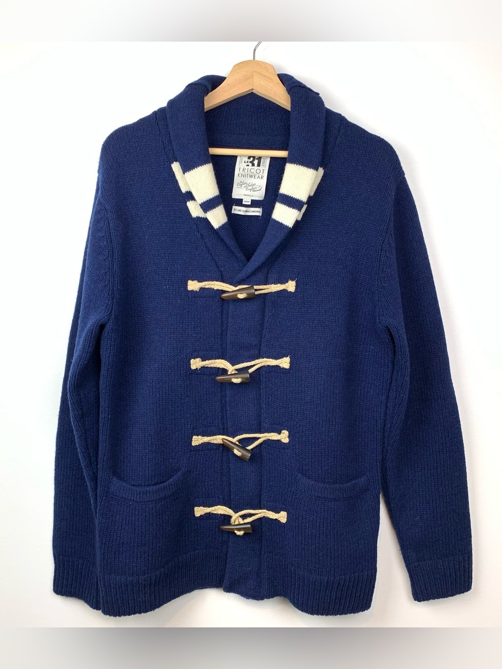 Lambswool Cardigan Men Zip Blue White Shawl Collar Medium Nautical Grandpacore